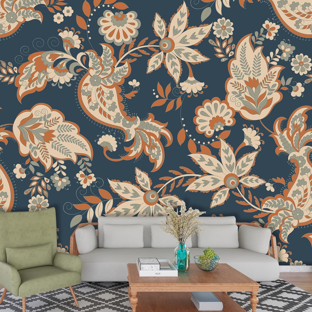A Wallpaper Mural Painting of Beautiful Flowers shown in a room
