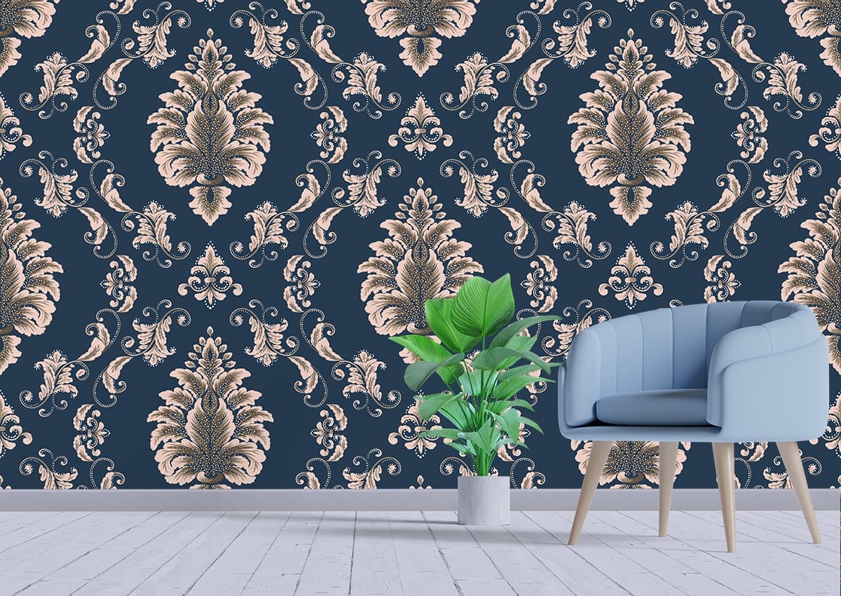 Blue Damask Pattern Wallpaper for Walls shown in a room