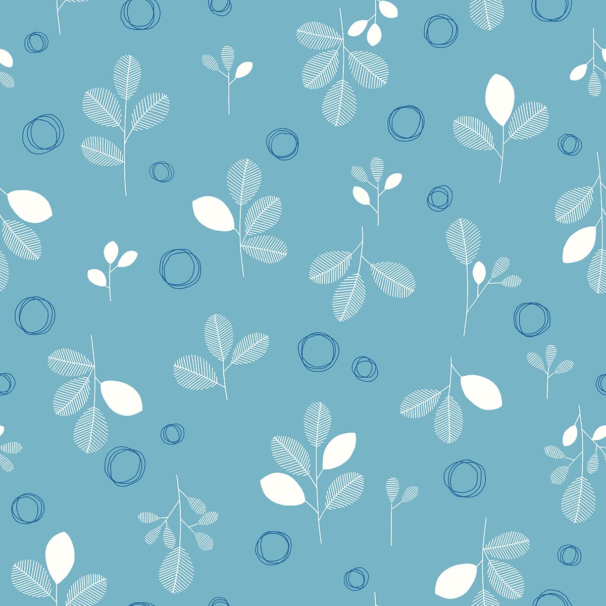 A blue and white pattern with white leaves and circles pattern detail