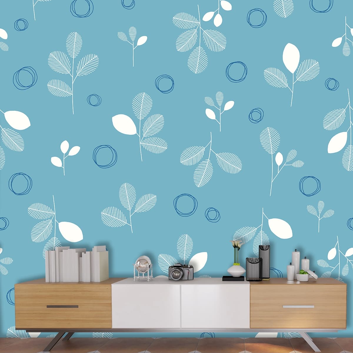A blue and white pattern with white leaves and circles shown in a room