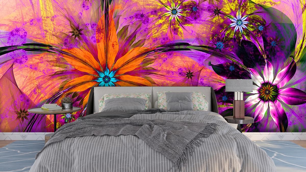 3D Abstract Wild Flower Wallpaper for Wall shown in a room