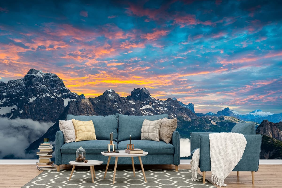 Serene Mountain Range with Clouds Scenic Wallpaper shown in a room