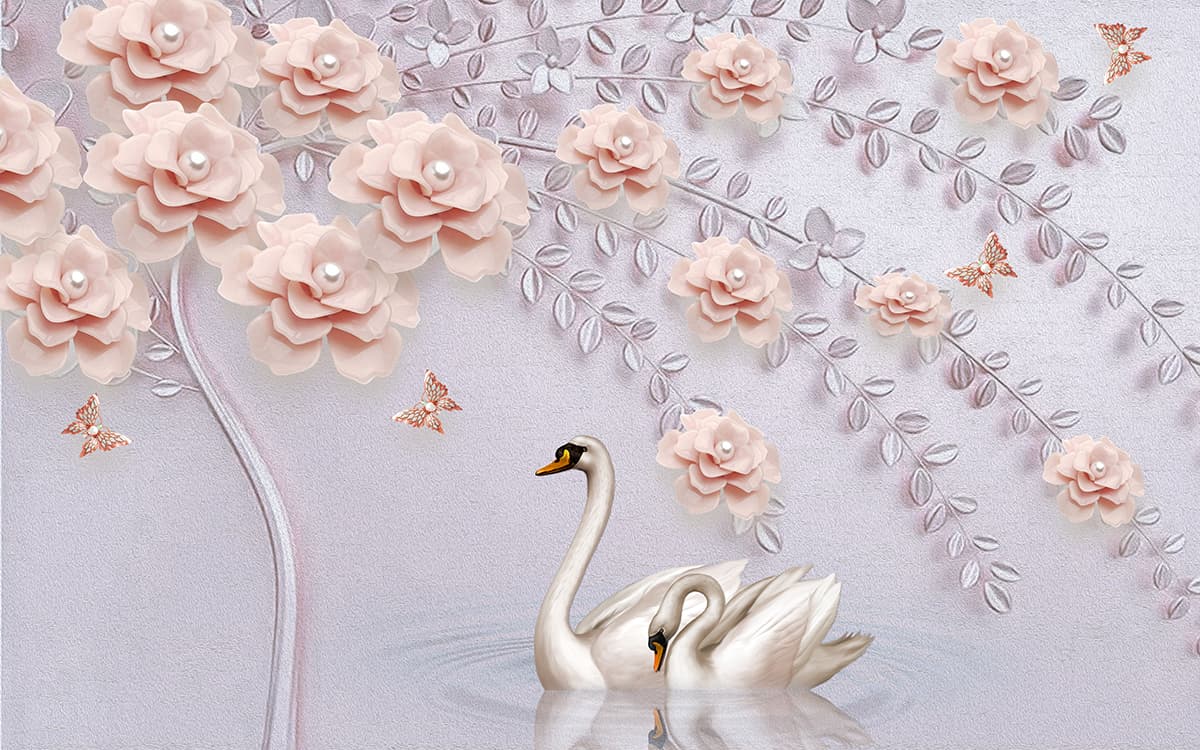 A swan in water with flowers pattern detail