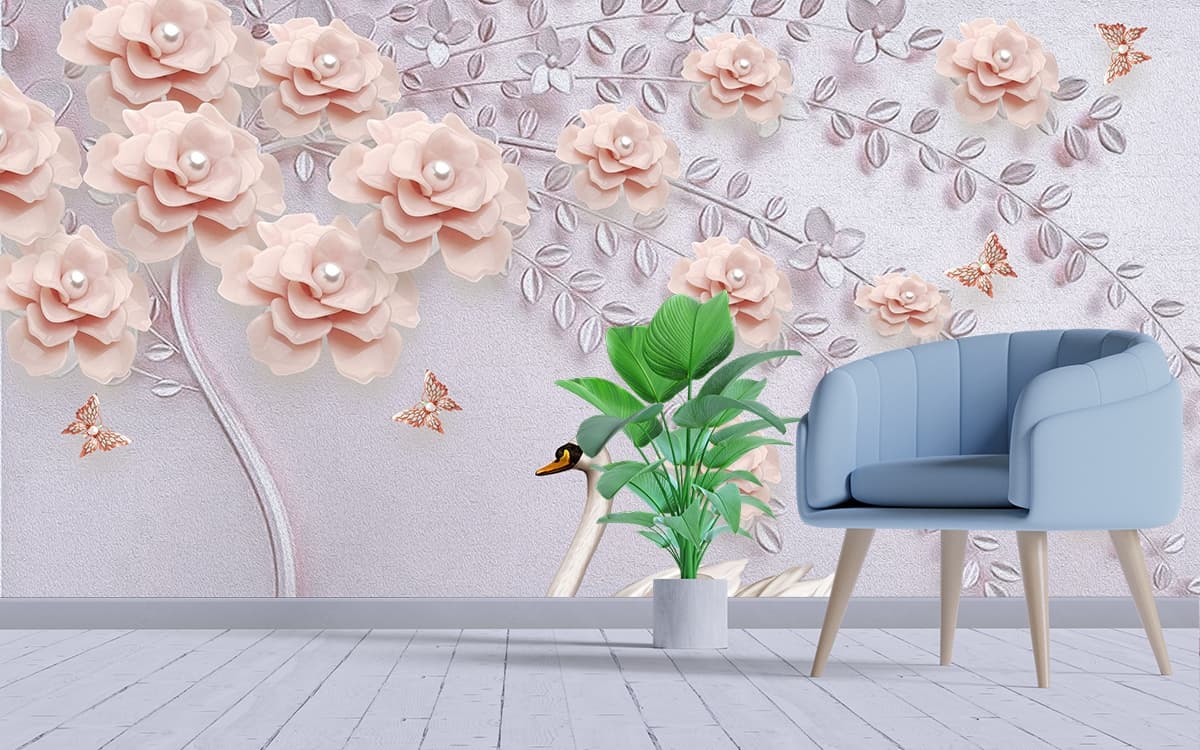 A swan in water with flowers shown in a room
