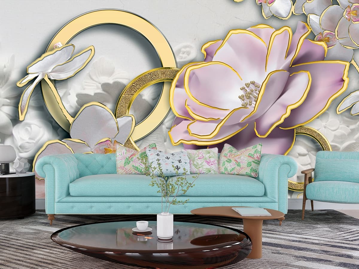 A Wallpaper of Flowers with a Golden Touch for Wall shown in a room