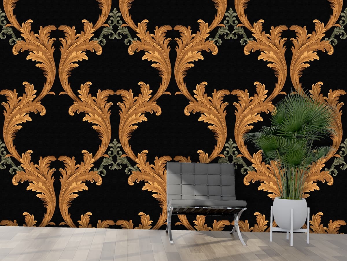 Black and Gold Damask Wallpaper shown in a room