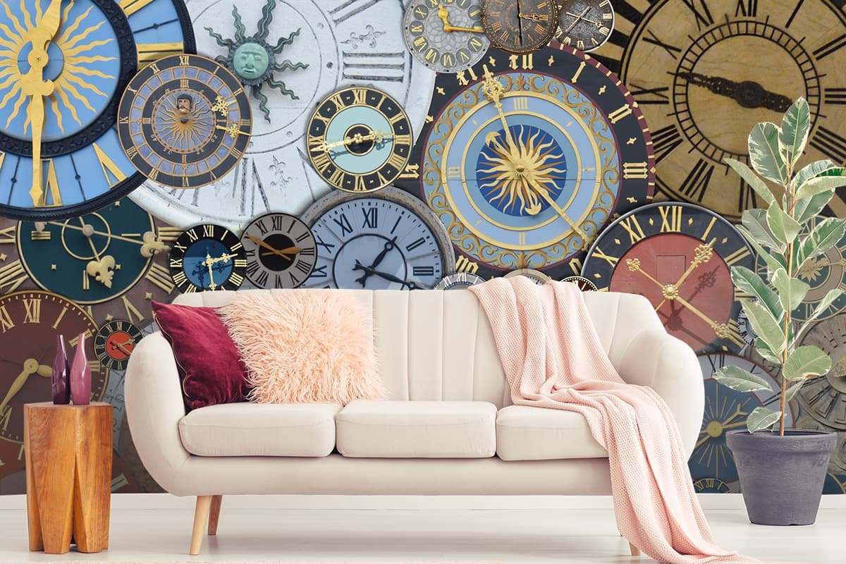 Elegant Timepiece Wall with Roman Numerals Wallpaper shown in a room