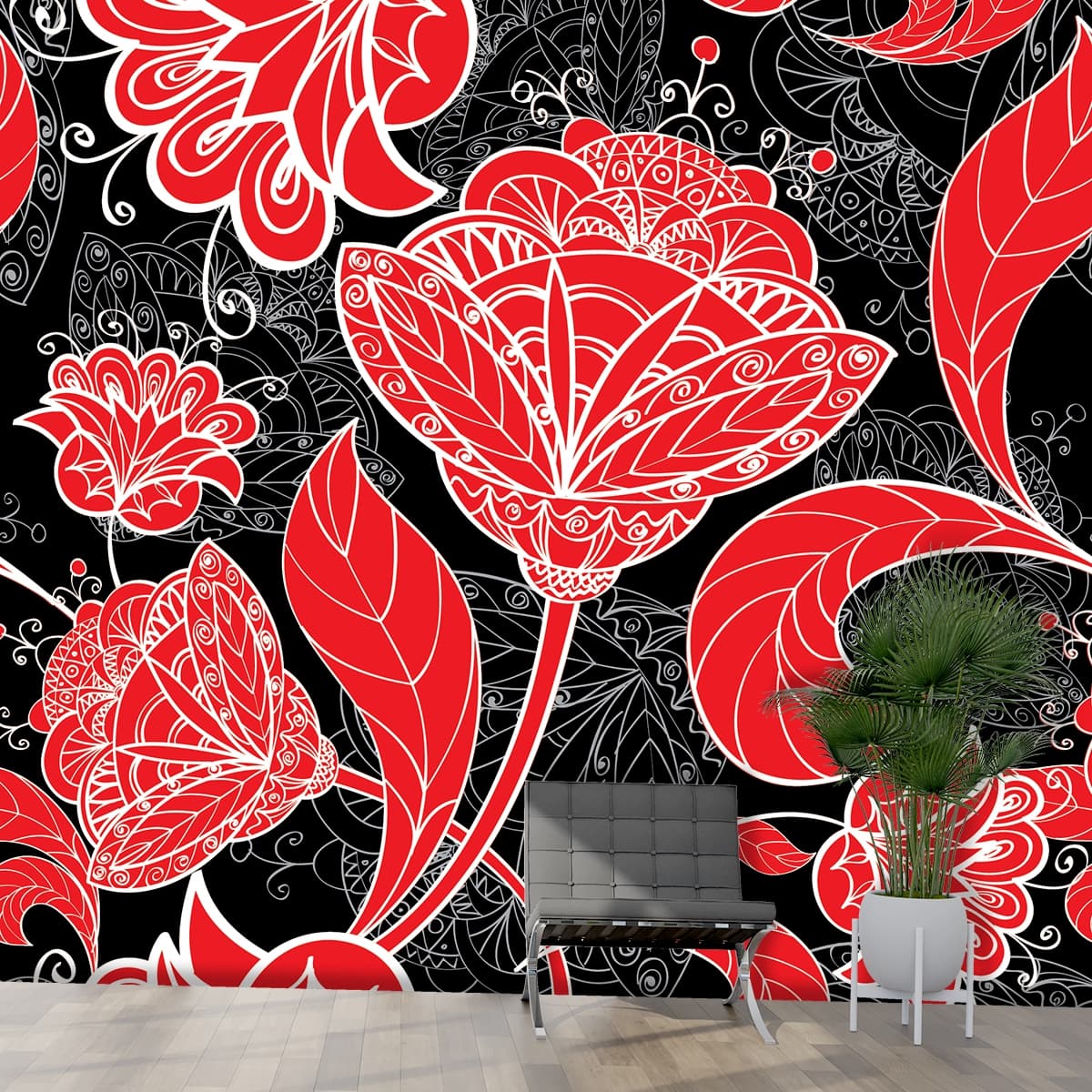 A red and white floral pattern shown in a room