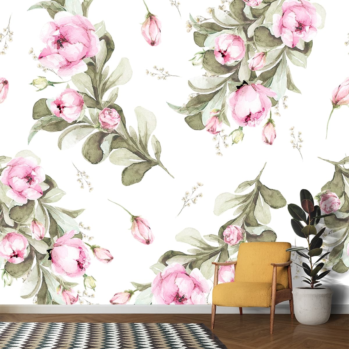 Watercolor Pink Peonies Wallpaper for Home shown in a room