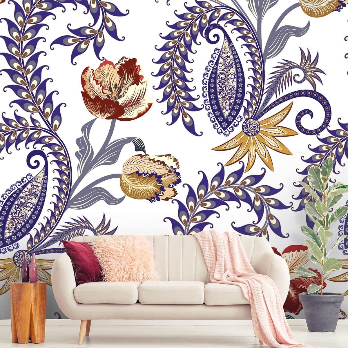 An Abstract Pattern of Flowers and Leaves shown in a room
