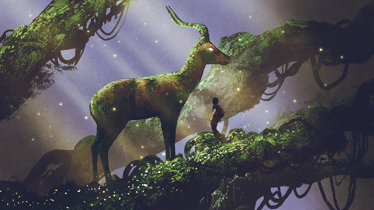 Fantasy Forest Scene with Giant Deer Art Wallpaper pattern detail