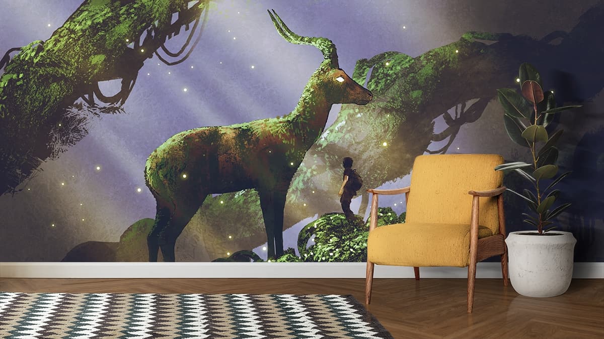 Fantasy Forest Scene with Giant Deer Art Wallpaper shown in a room