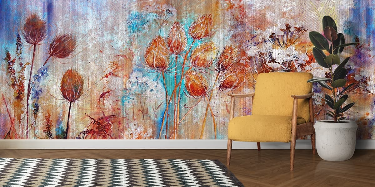 Premium Botanical Birds and Flowers Wallpaper shown in a room