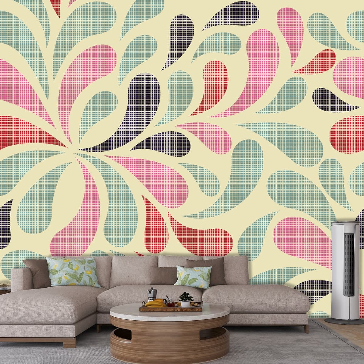 Artistic Floral Fabric Pattern Design wallpaper shown in a room