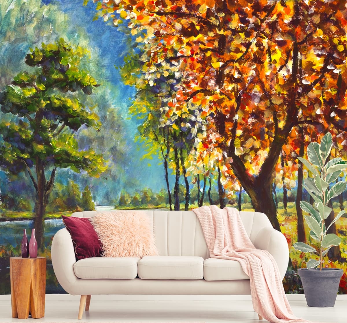 Luxury Vibrant Tulip Garden Oil Painting Wallpaper shown in a room
