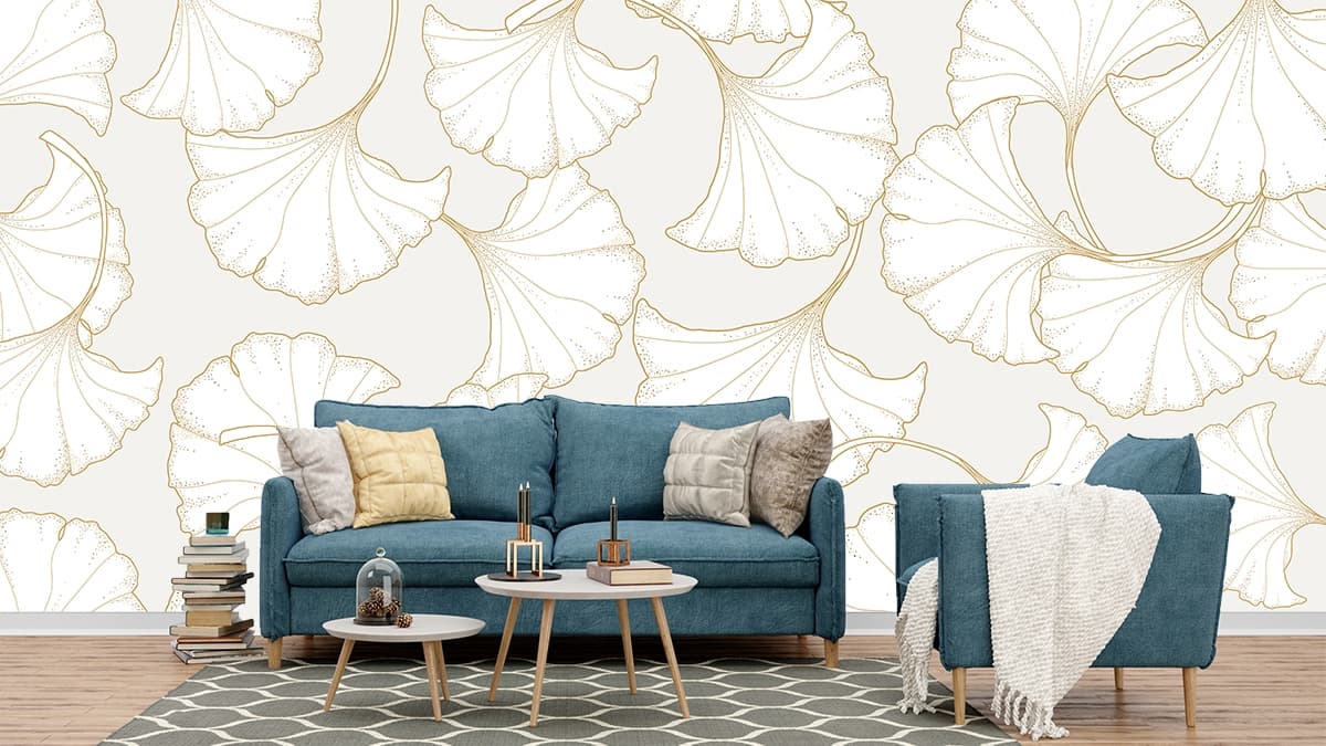 Luxury Gold Gingko Leaves Design Wallpaper shown in a room