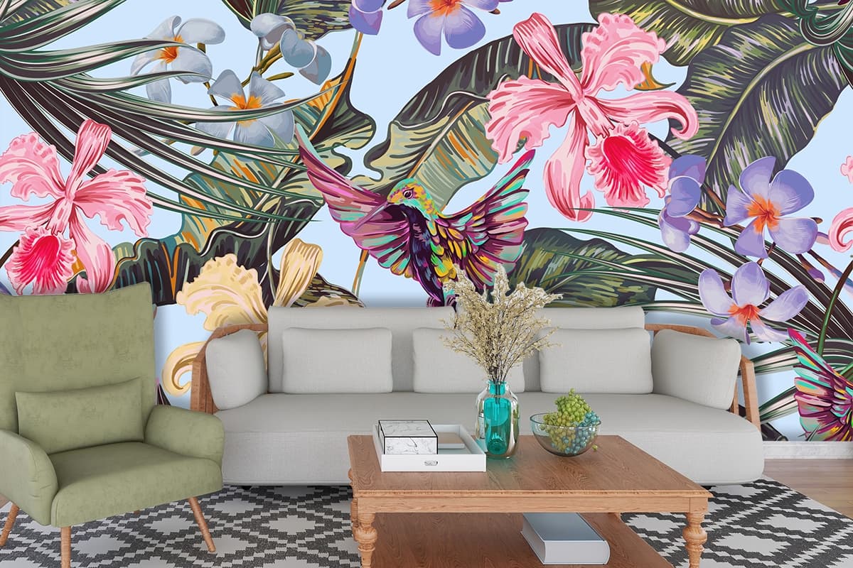 Colorful Bird Flying in the Air Artistic Nature Wallpaper shown in a room