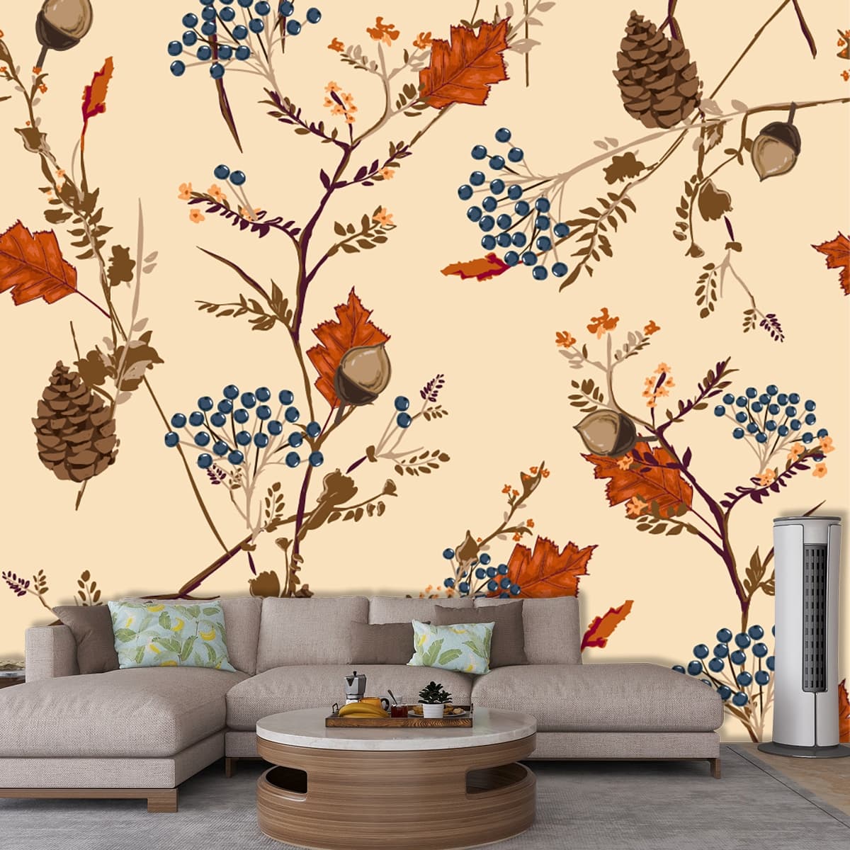 Decorative flower and leaf pattern in seamless style wallpaper shown in a room