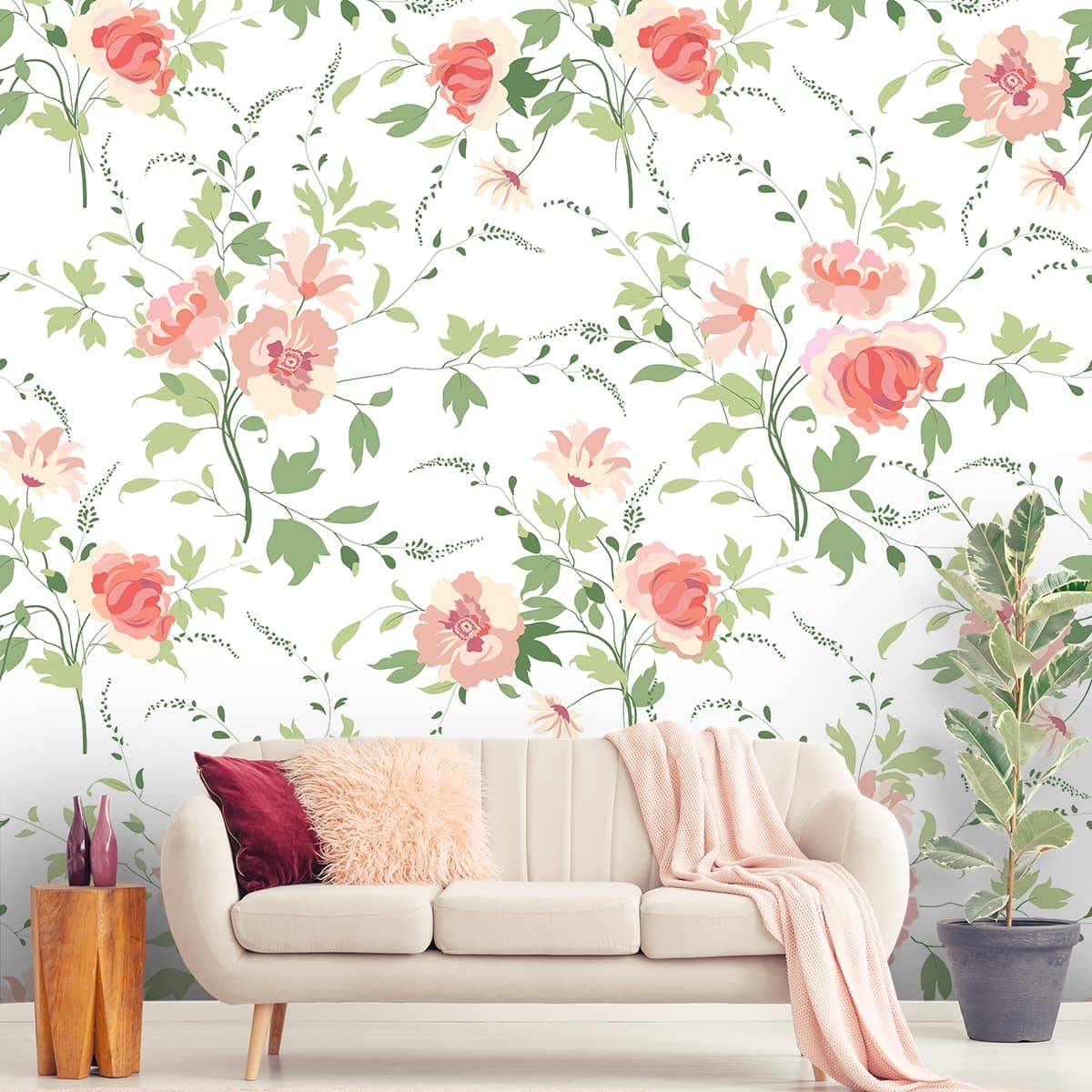 Decorate Wall with Botanical Flowers and Leaves Wallpaper shown in a room