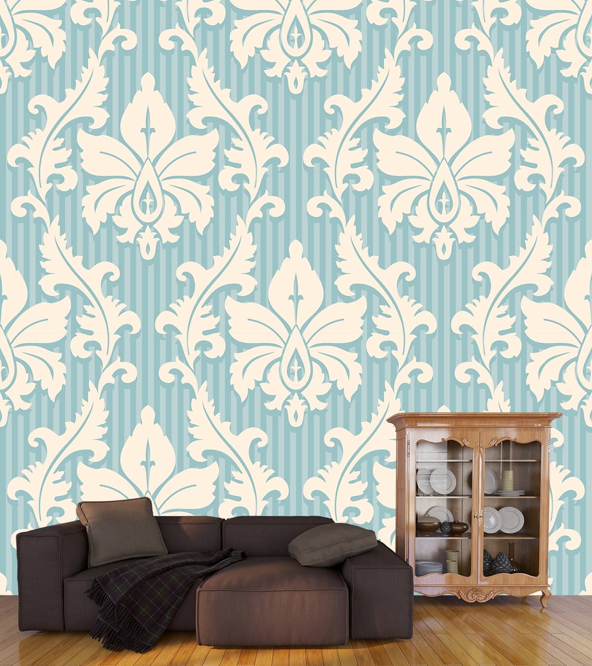 A pattern of white and blue flowers shown in a room