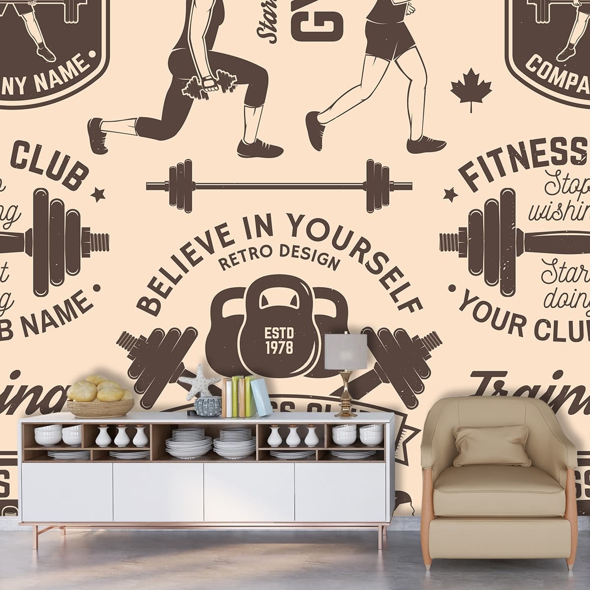 A seamless pattern of black and white logos shown in a room
