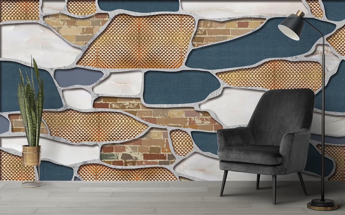 Vintage Blue White & Brown Brick Texture wallpaper shown in a room