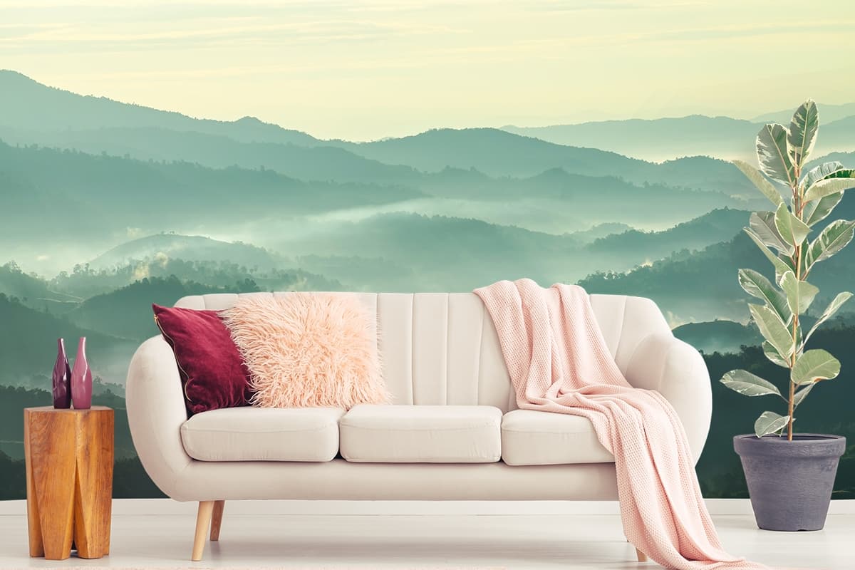 Nature Hills with Fog for Elegant Home Walls Wallpaper shown in a room