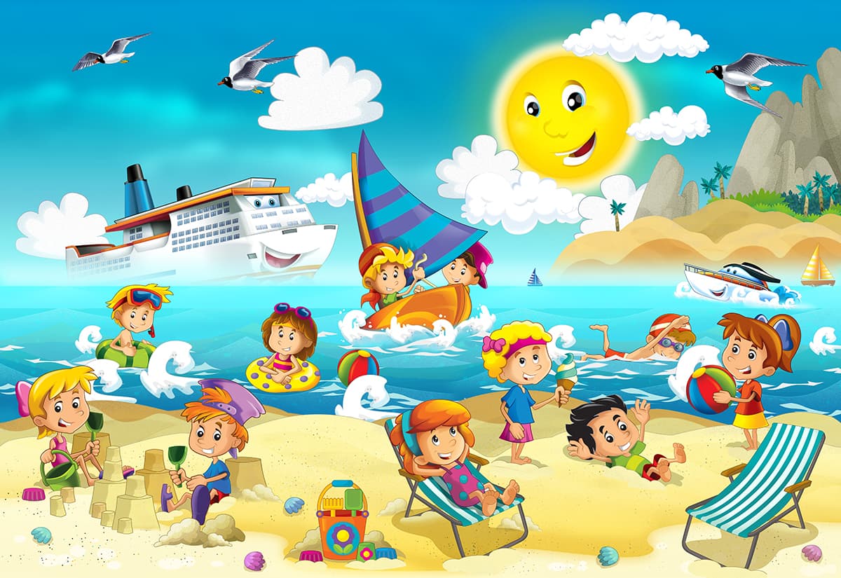 Cartoon Wallpaper of kids on a Beach pattern detail