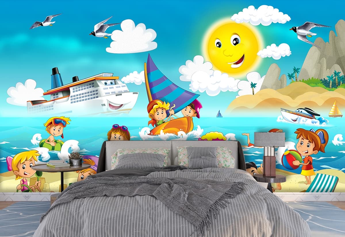 Cartoon Wallpaper of kids on a Beach shown in a room