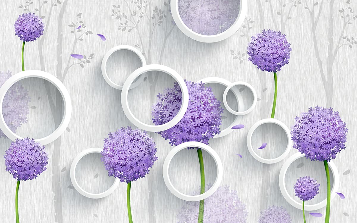 Purple Flowers and Circles Pattern Modern Wall Mural Wallpaper pattern detail