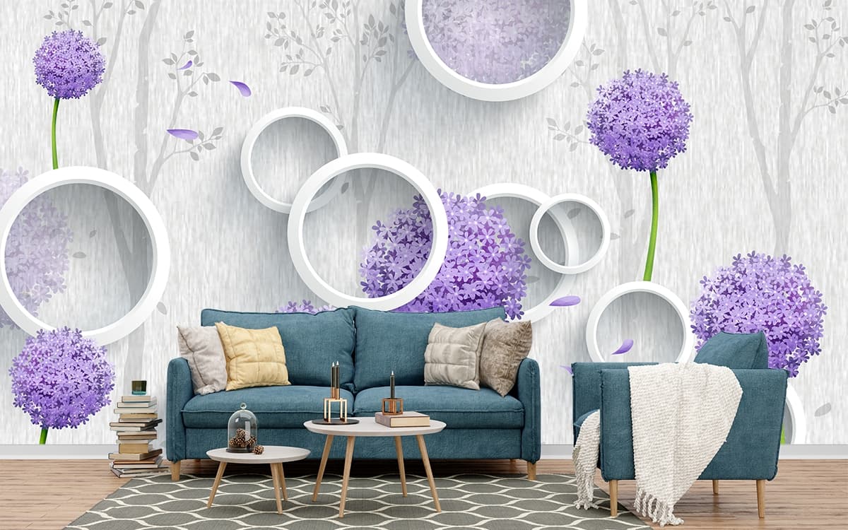 Purple Flowers and Circles Pattern Modern Wall Mural Wallpaper shown in a room