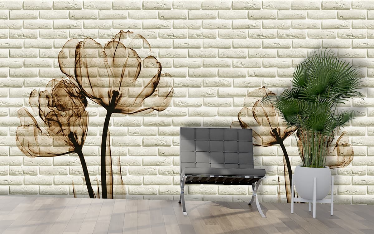 Elegant Floral Design on Brick Wall Texture Wallpaper shown in a room