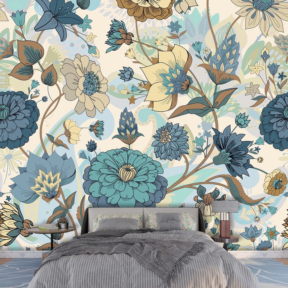 Modern Botanical Floral Leaves Pattern Wallpaper shown in a room