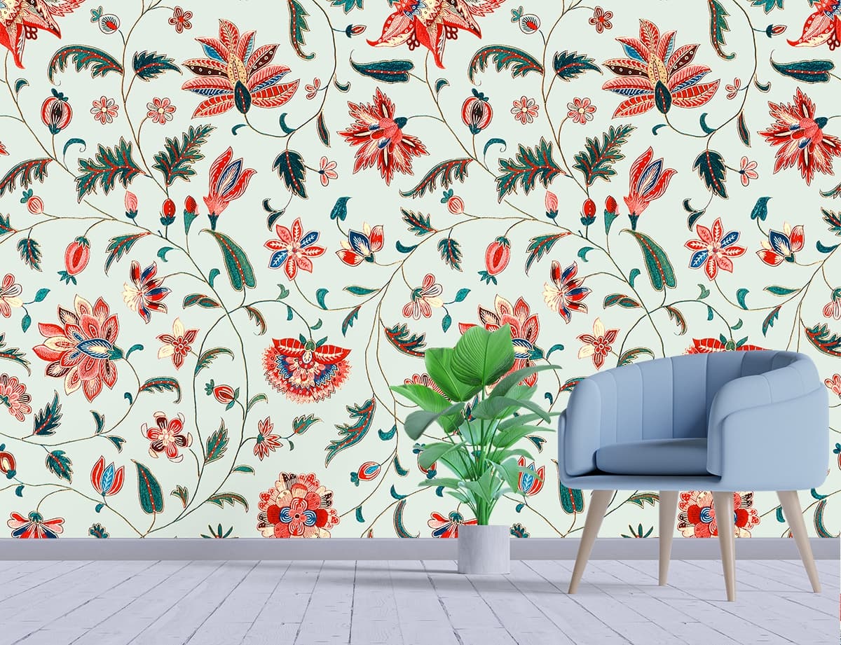A Vintage Wallpaper Pattern of Flowers and Leaves shown in a room