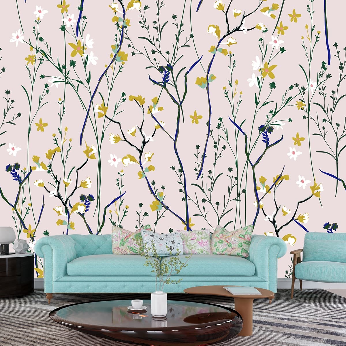A pattern of flowers and twigs shown in a room