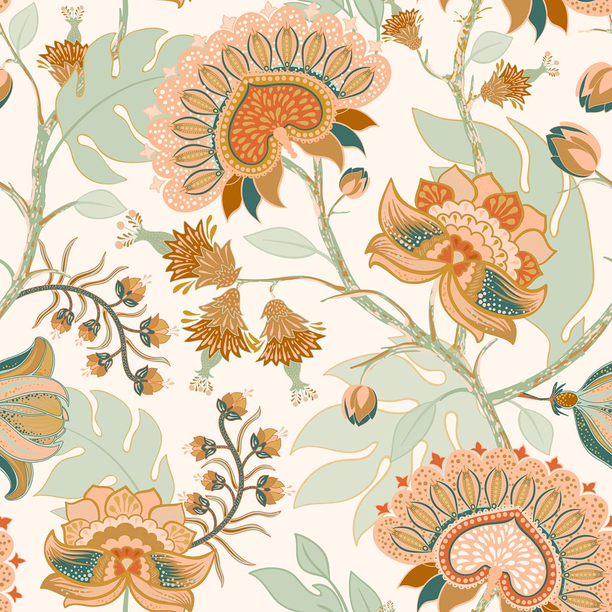 A Painting like Wallpaper Pattern of Flowers and Leaves pattern detail