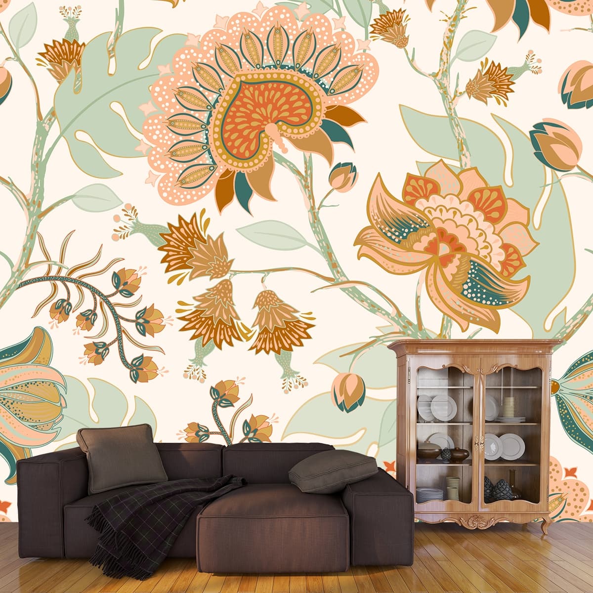 A Painting like Wallpaper Pattern of Flowers and Leaves shown in a room