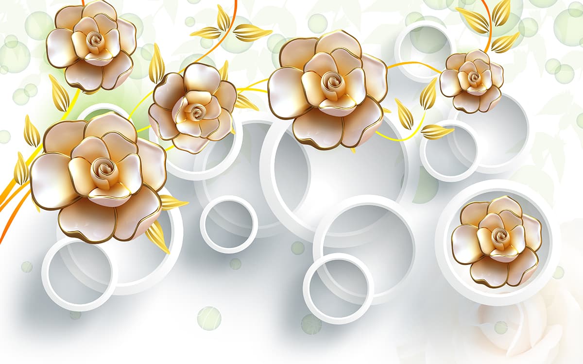 A wallpaper with gold flowers and rings pattern detail