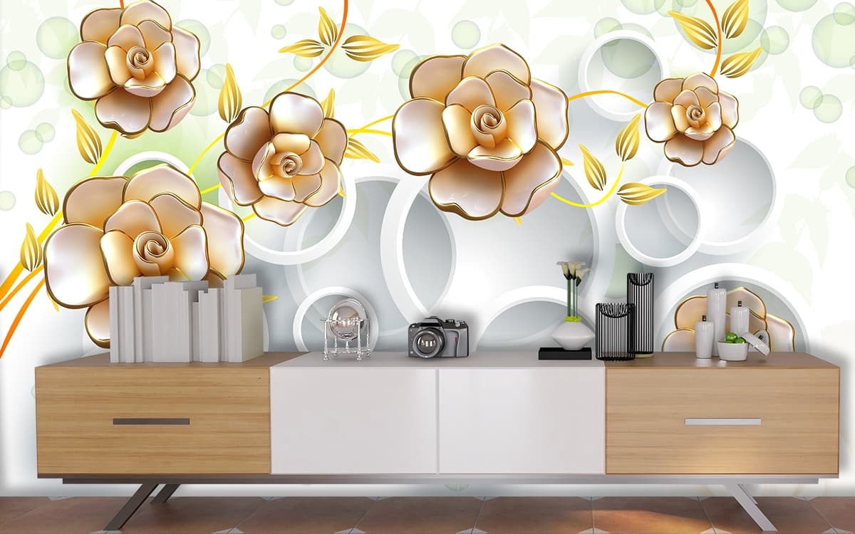 A wallpaper with gold flowers and rings shown in a room