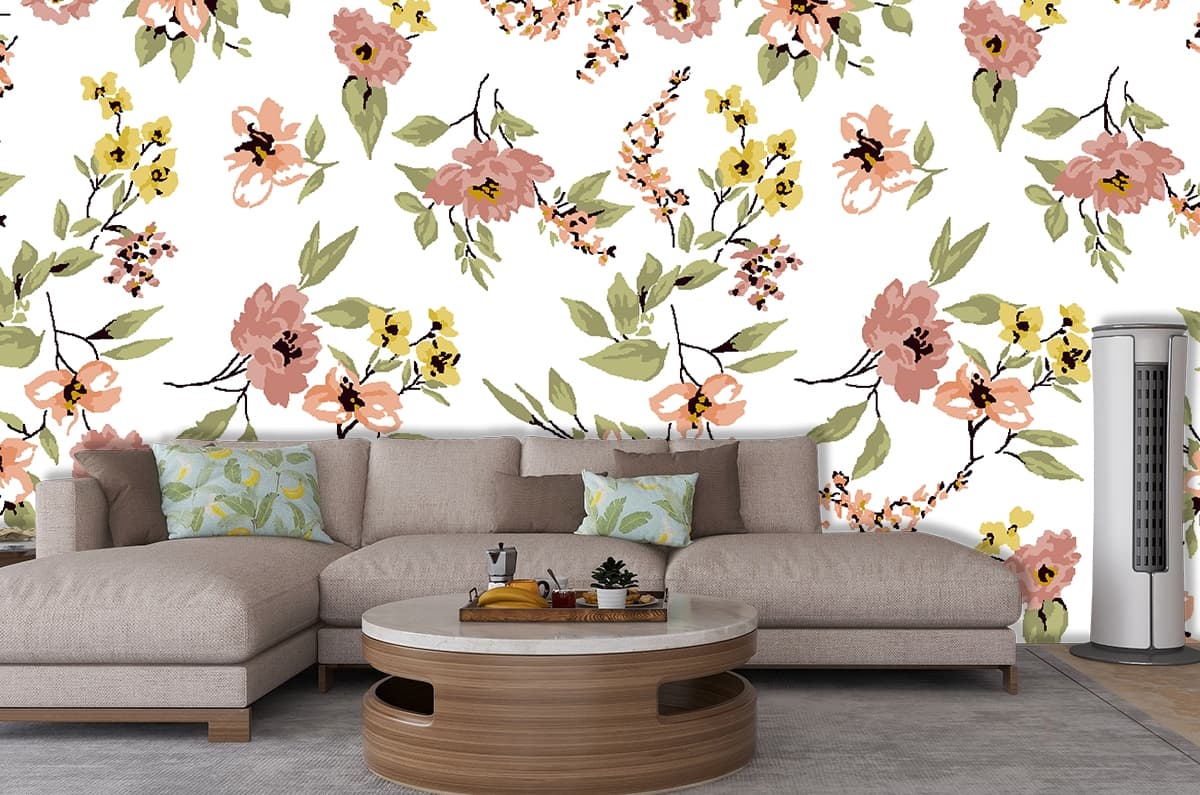 A Wallpaper Pattern of Pink Flowers and Green Leaves shown in a room