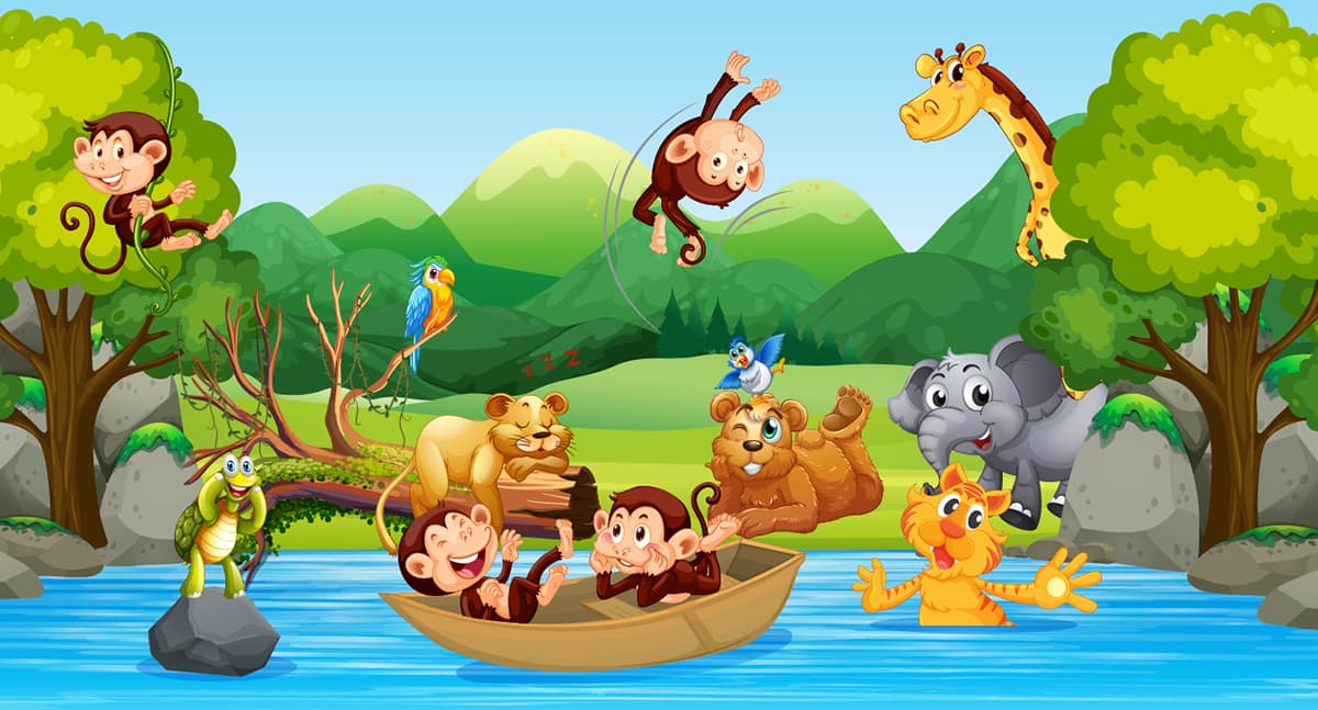 Kids Room Wallpaper, A group of animals in a boat pattern detail