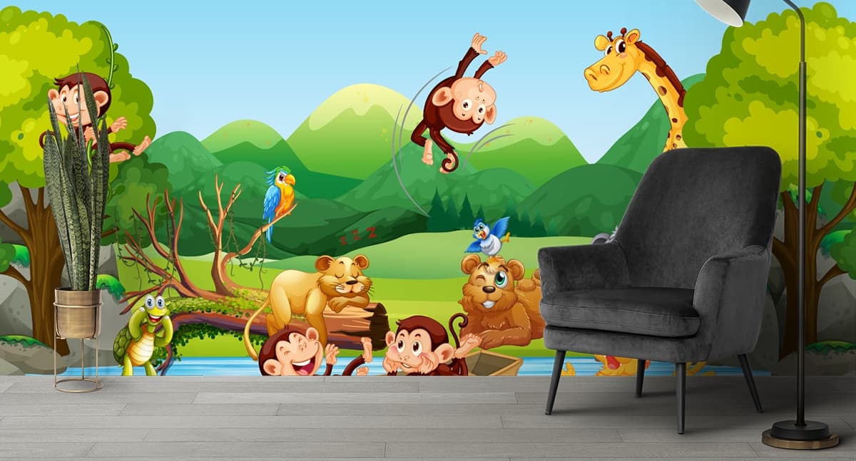 Kids Room Wallpaper, A group of animals in a boat shown in a room