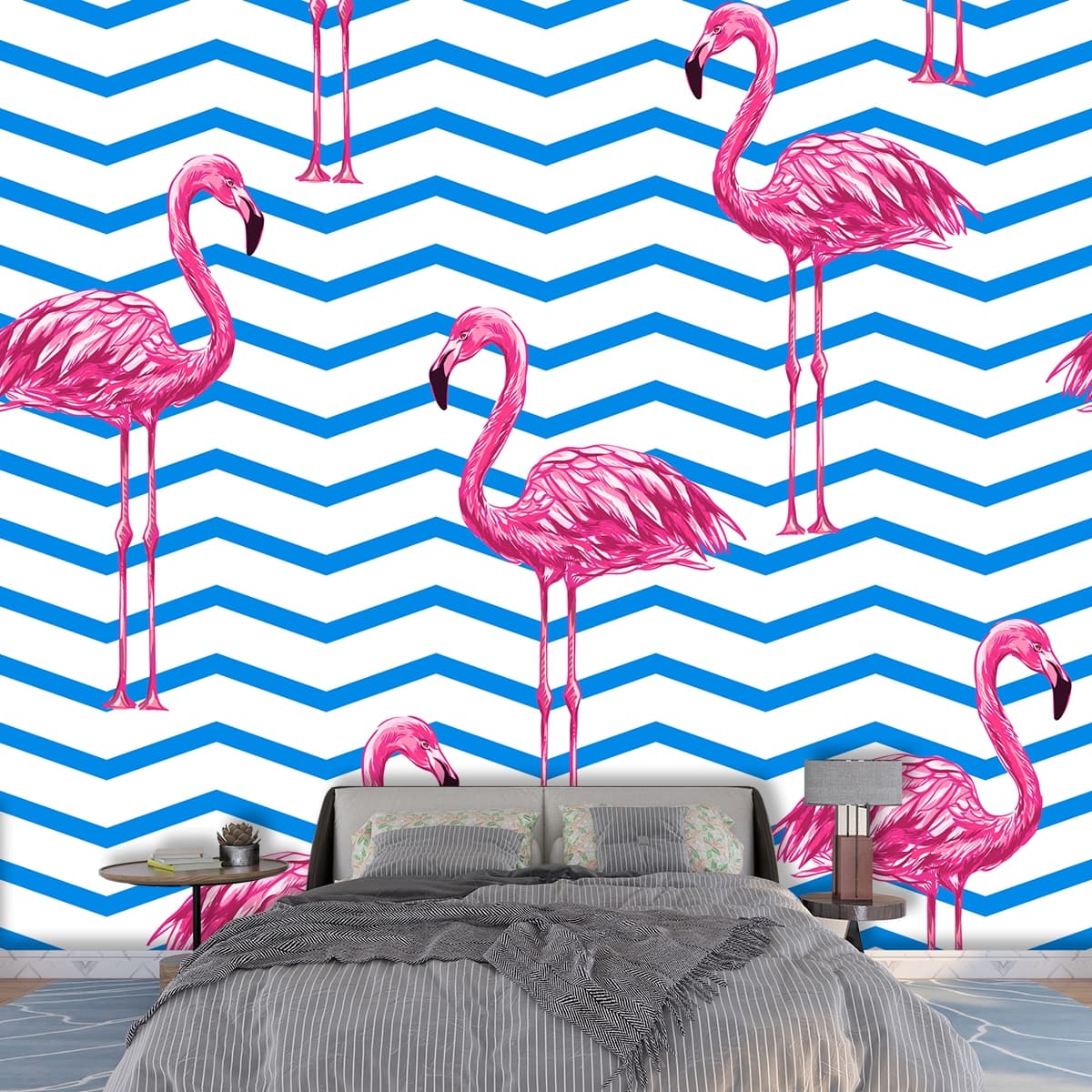 Vibrant Pink Flamingos Tropical Pattern Wallpaper shown in a room