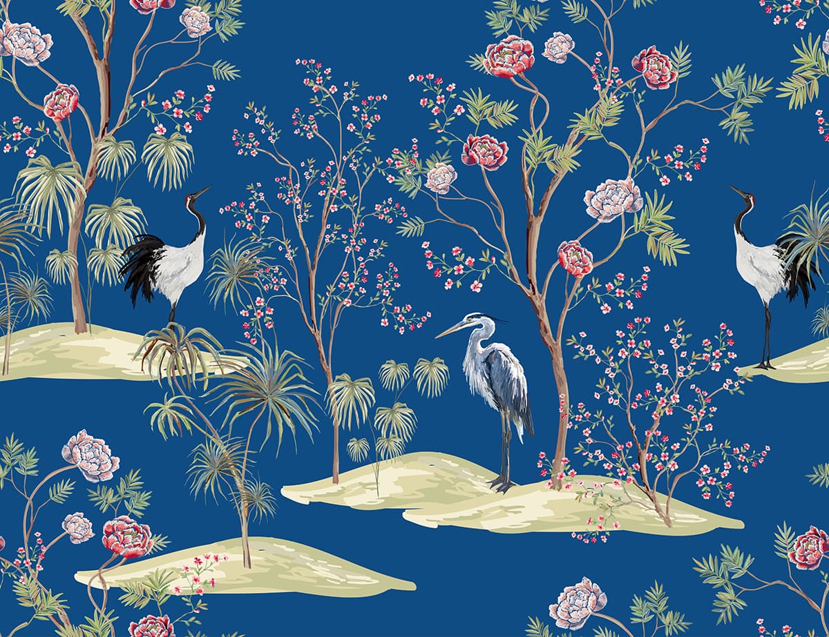 Blue Chinoiserie Wallpaper for Walls With Birds and Flowers pattern detail