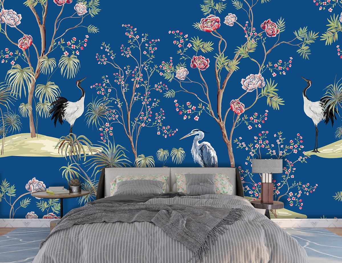 Blue Chinoiserie Wallpaper for Walls With Birds and Flowers shown in a room