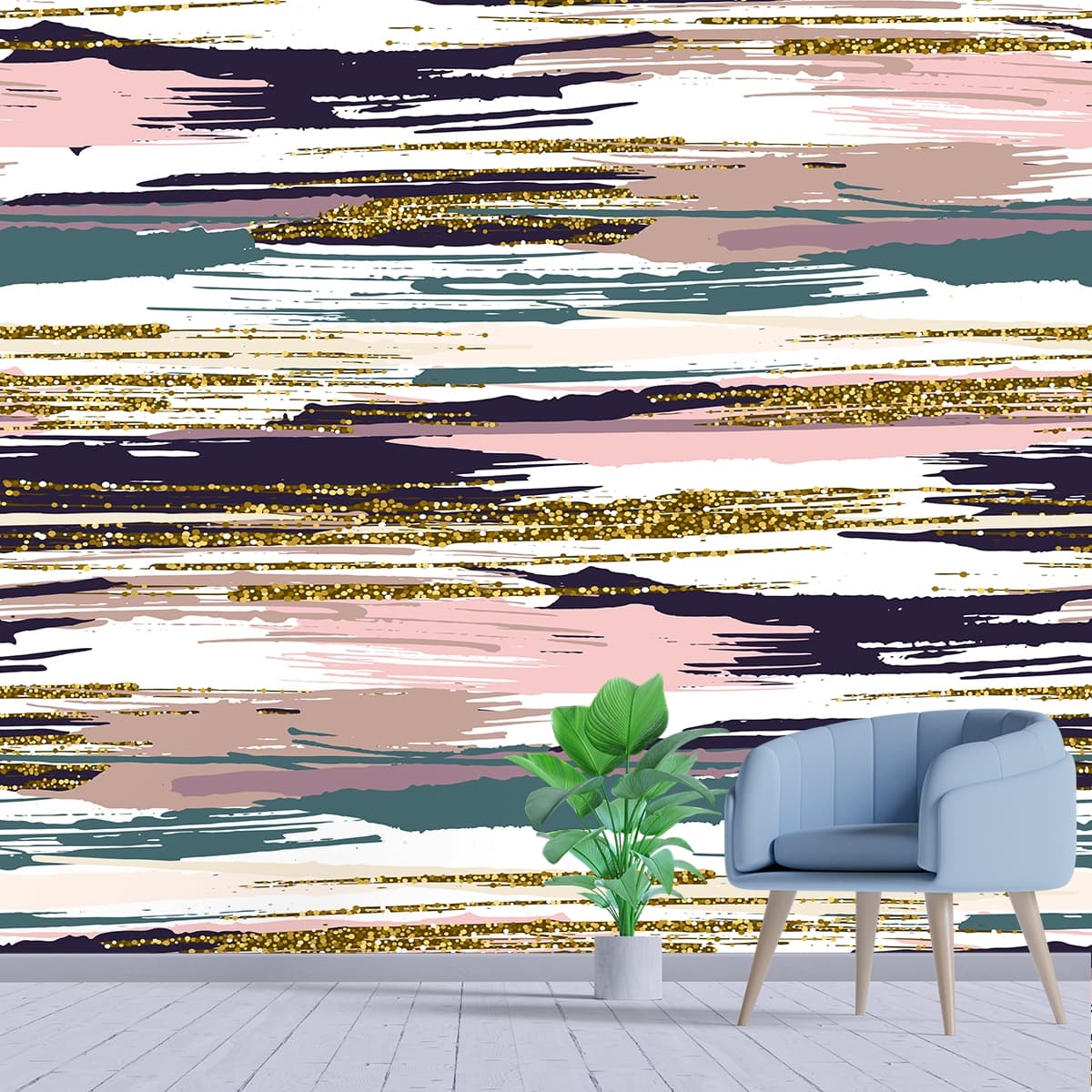 A colorful pattern with gold glitter shown in a room