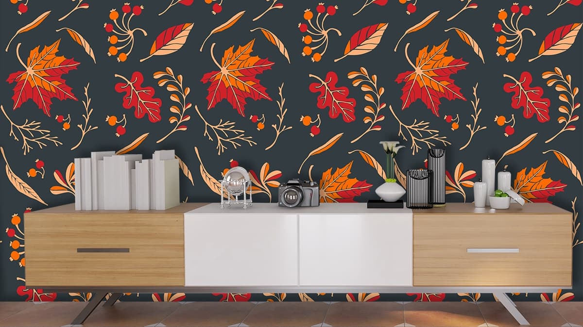 Elegant Leaf and Berry Design Decorative Wallpaper shown in a room
