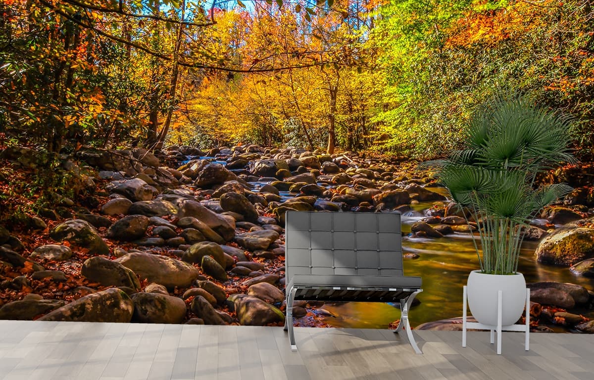 Premium Rocky Stream Nature Wallpaper shown in a room