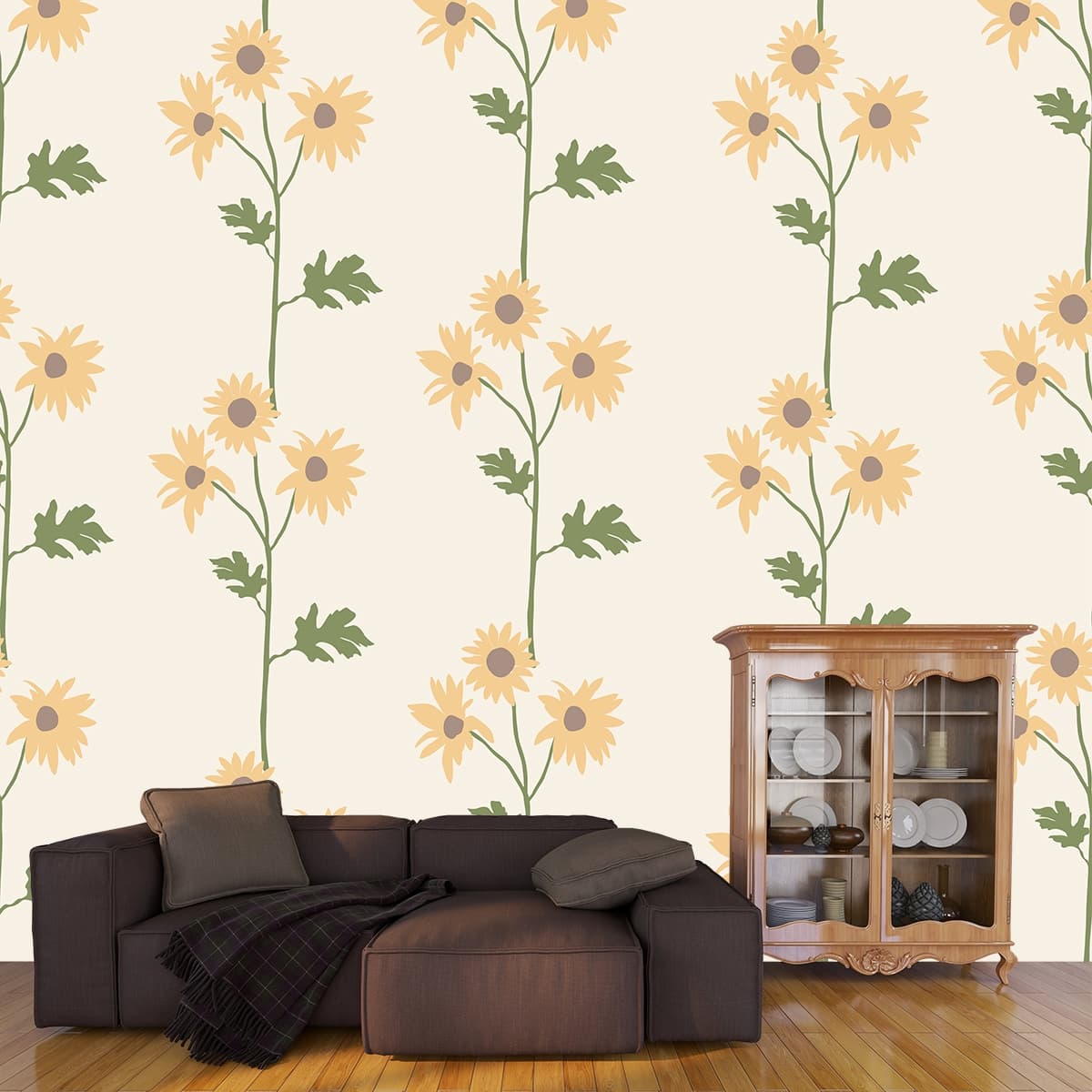 A pattern of flowers on a white background shown in a room