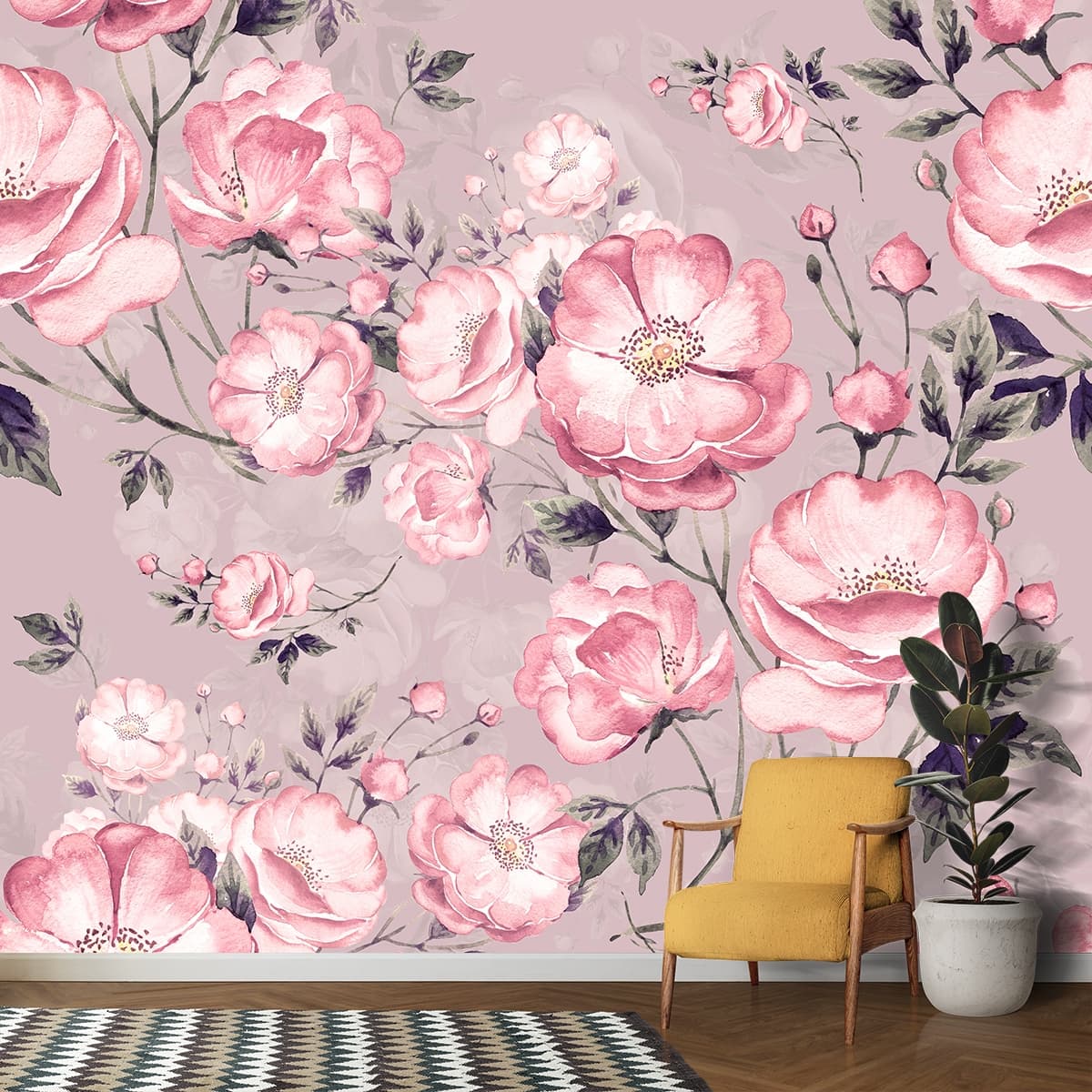 3D Pink Flowers Wallpaper for Wall shown in a room